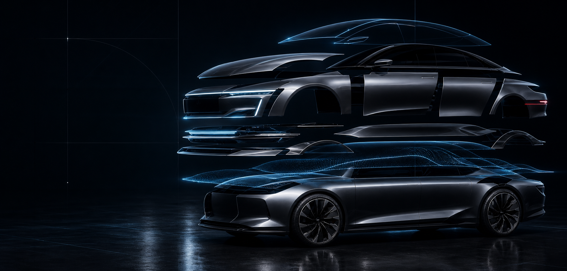 Cinematic modular premium vehicle architecture with floating exterior layers