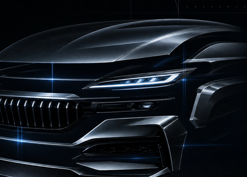 Abstract premium vehicle front module with electric blue light accents