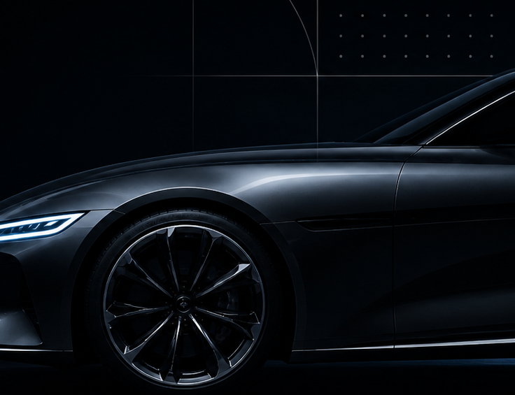 Premium vehicle side detail with illuminated headlamp and dark studio lighting
